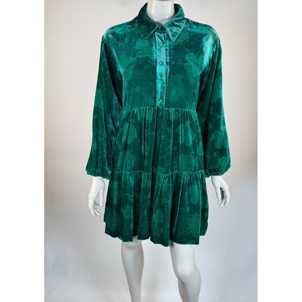 Anthropologie Maeve Bettina Tiered Mini Shirt Dress Women S EUC Viscose Emerald